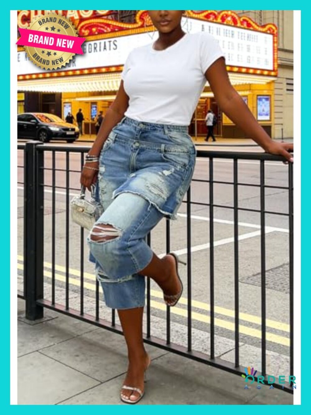 Wide Leg Capri Jeans Distressed Ripped Patchwork Denim Shorts Jorts - Picture 5 of 6